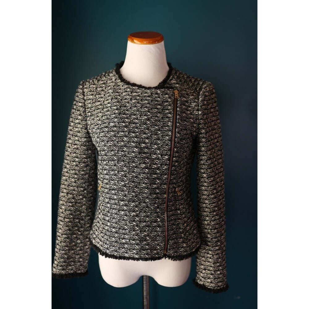 J. Crew Tweed Jacket Women Black Fringe Raw Hem Preppy Moto Blazer Crop 4